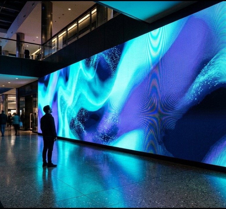 Parede de LED em corredor de shopping: quem passa lê de perto e andando, e isso manda no pixel pitch e no ritmo do conteúdo. Imagem ilustrativa.