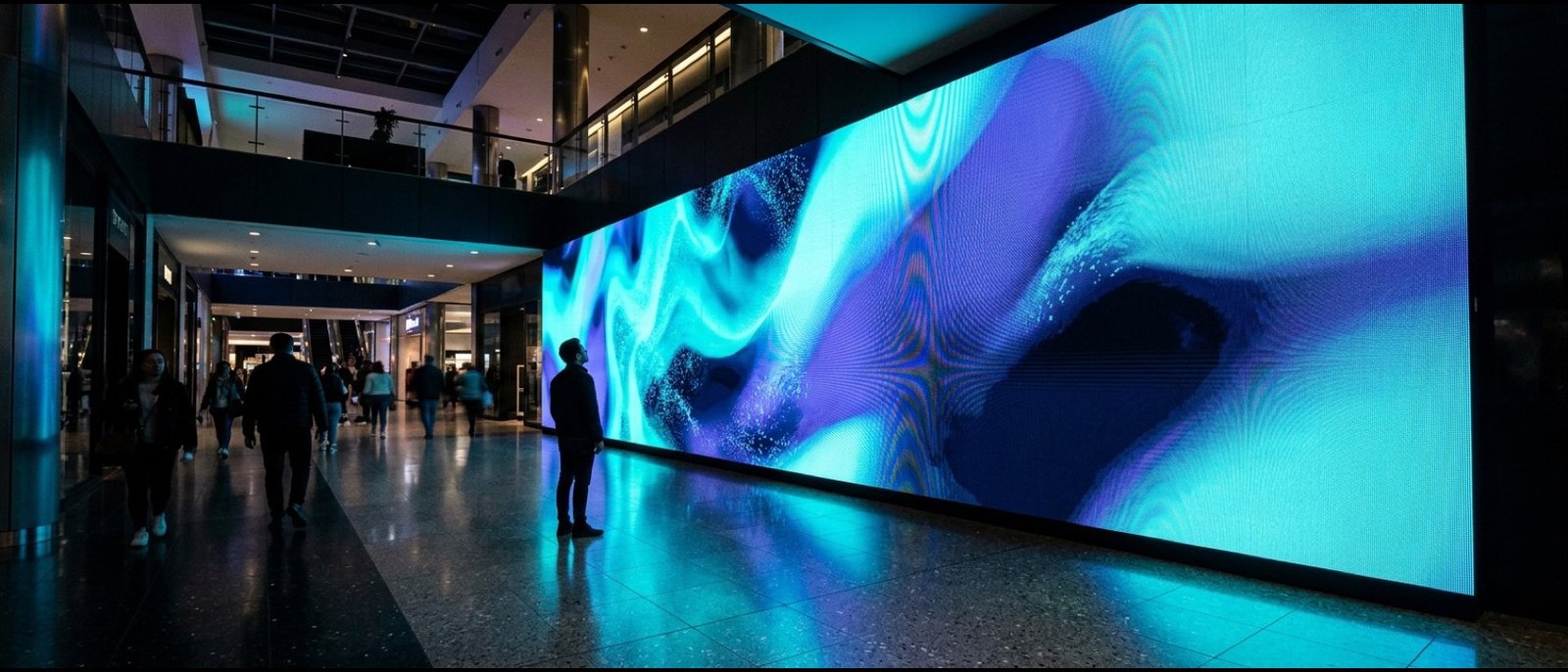 Parede de LED em corredor de shopping: quem passa lê de perto e andando, e isso manda no pixel pitch e no ritmo do conteúdo. Imagem ilustrativa.