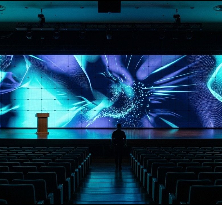 Em auditório o painel divide a atenção com quem está no palco, e isso muda o que pode aparecer na tela. Imagem ilustrativa.