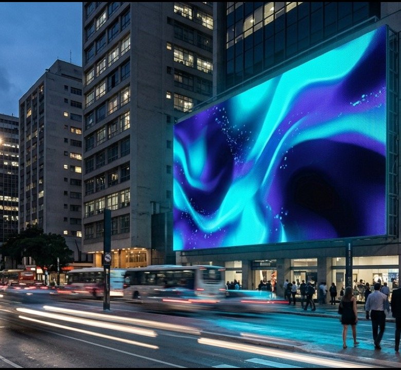 Painel de fachada é lido a distância e de dentro do carro, com sol e chuva por perto — outro equipamento, outro projeto. Imagem ilustrativa.