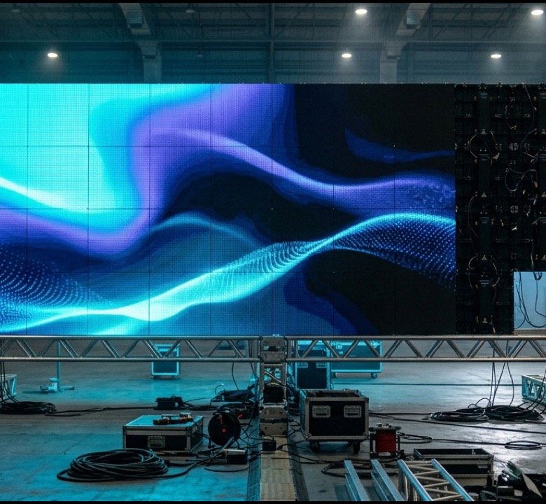 Painel em montagem: o que entra no orçamento não é só a tela — é estrutura, cabeamento, equipe e tempo de galpão. Imagem ilustrativa.